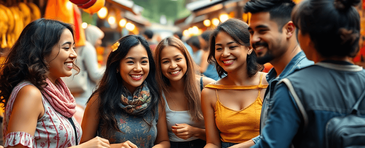 A vibrant, multicultural group of friends shopping at a bustling outdoor local market
