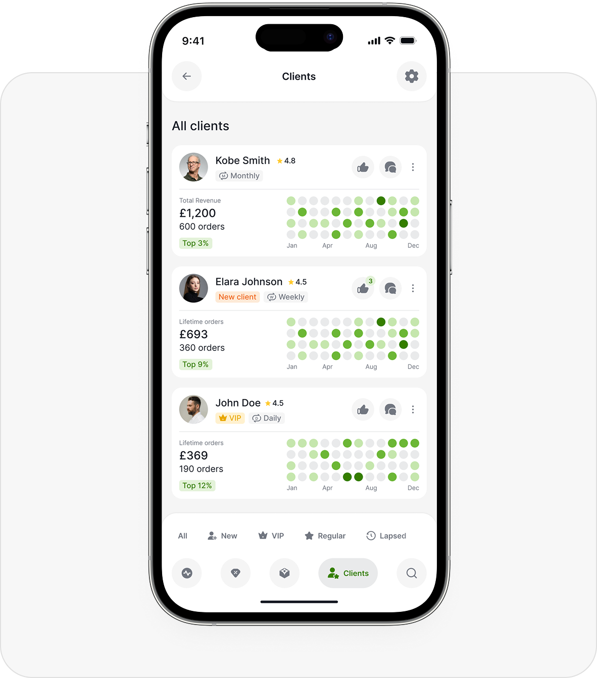 Aulax merchant app showing client list and engagement insights
