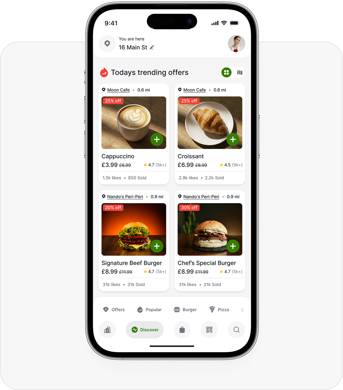 Aulax app showing trending offers and nearby businesses