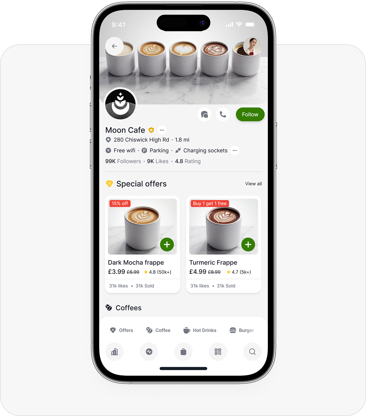 Aulax app showing Moon Cafe profile and special offers