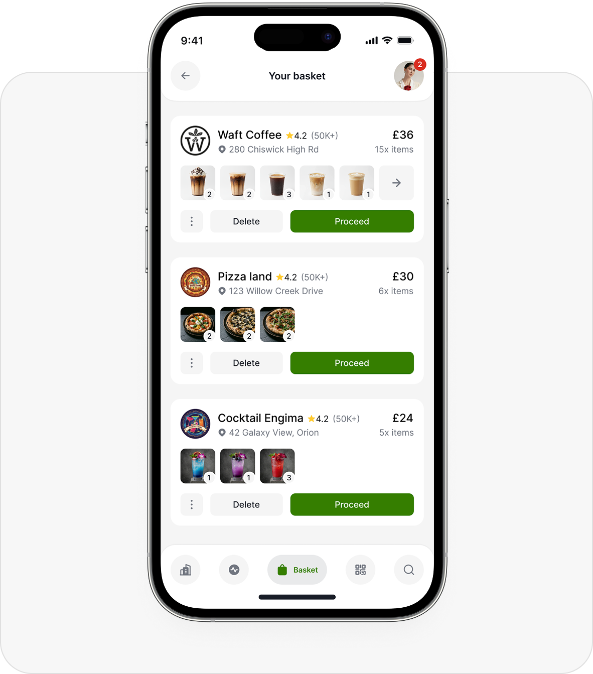 Aulax app showing your basket with orders from multiple businesses