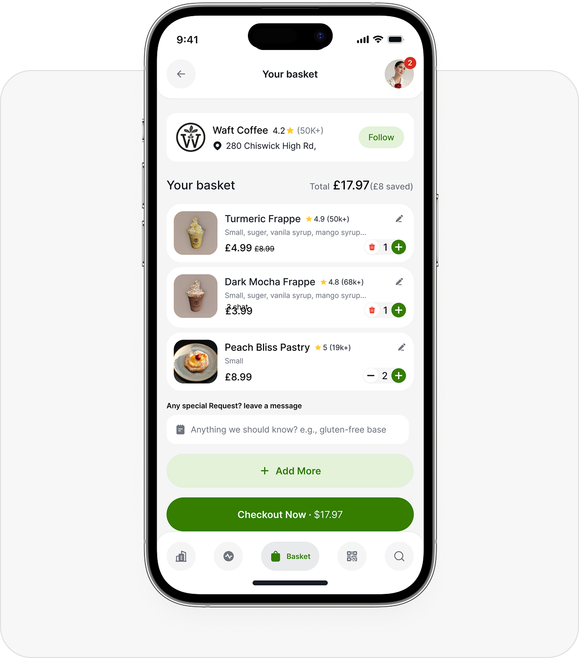 Aulax app showing your basket with personalised favourites